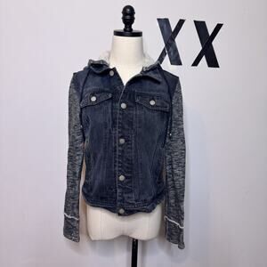 Vintage Y2K Black Denim Knit Hooded Jean Jacket • Indie Grunge Layered 90s M